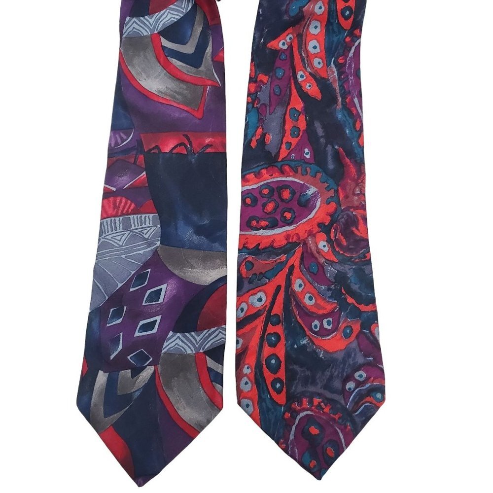 Enrico Coveri Lot of 2 Abstract Wearable Art Print Silk Ties Handmade in‎ Italy